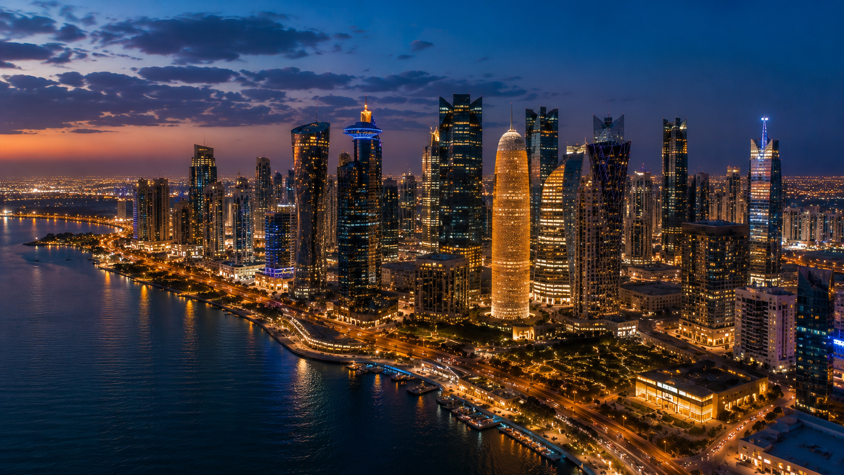 Doha skyline at night, Qatar